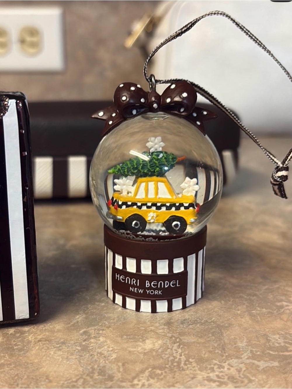 henri bendel Yellow Taxi Globe Ornament with Brown Striped Base